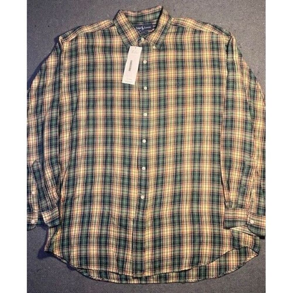 vintage RALPH LAUREN LONG‎ SLEEVE Mens Button Up Green/Red/Navy Plaid BLAKE